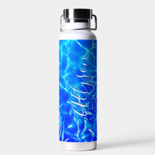 Personalise Vertical Name White Script, Blue Water Water Bottle
