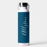 Personalise Vertical Name White Script, Ocean Blue Water Bottle<br><div class="desc">Personalise your name in vertical white script text on ocean blue background.</div>