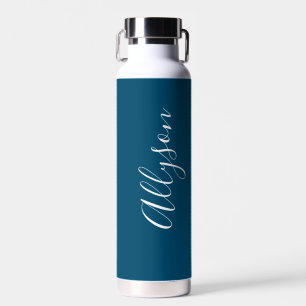 Personalise Vertical Name White Script, Ocean Blue Water Bottle