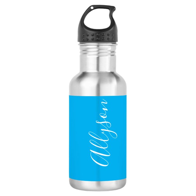 Personalise Vertical Name, White Script, Sky Blue 710 Ml Water Bottle (Front)