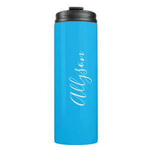 Personalise Vertical Name, White Script, Sky Blue Thermal Tumbler