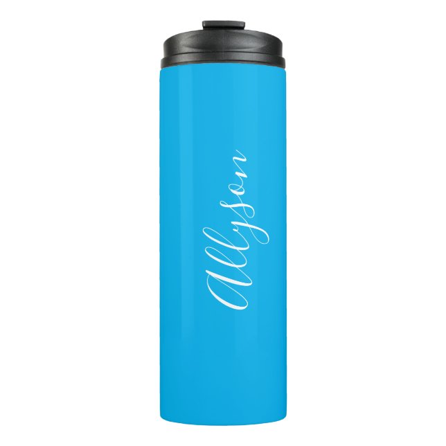 Personalise Vertical Name, White Script, Sky Blue Thermal Tumbler (Front)