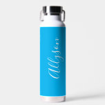 Personalise Vertical Name, White Script, Sky Blue Water Bottle<br><div class="desc">Personalise your name in vertical white script text on sky blue background.</div>