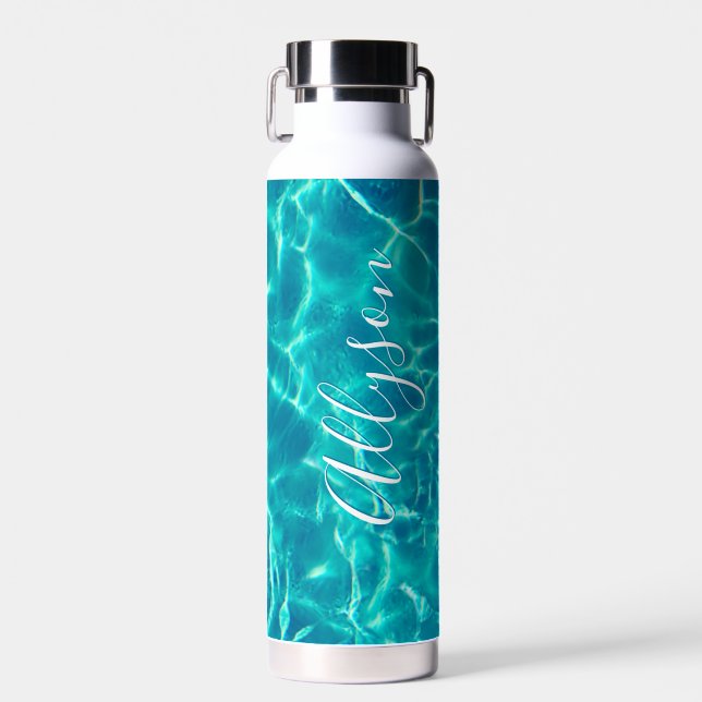Personalise Vertical Name White Script, Teal Water Bottle (Front)