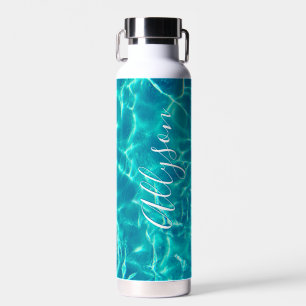 Personalise Vertical Name White Script, Teal Water Water Bottle