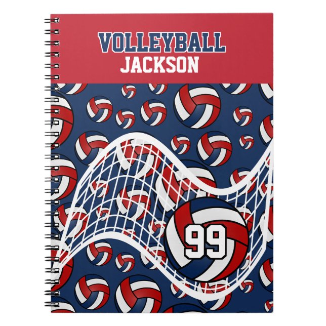Personalise Volleyball - Red, White and Navy Blue Notebook (Front)