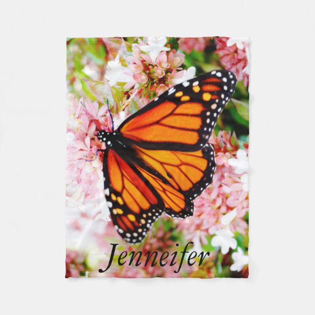 personalise w/ Name Orange and Black Butterfly Fleece Blanket (Front)