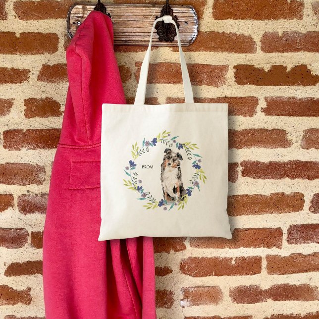Personalise Watercolor Australian Shepherd Tote Bag (Cute watercolor dog in floral wreath)