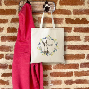 Personalise Watercolor Boston Terrier Blue Wreath Tote Bag