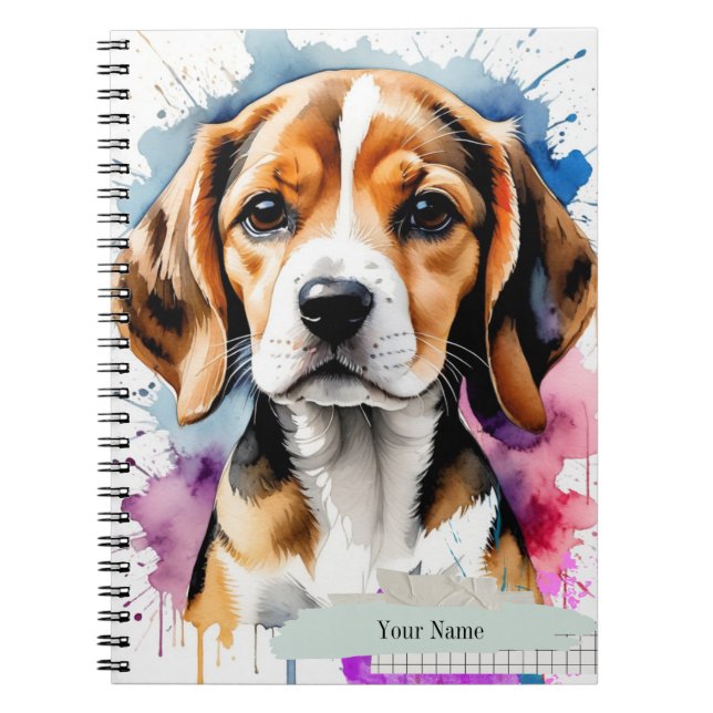 PERSONALISE: Watercolor Cute Beagle Puppy Notebook (Front)