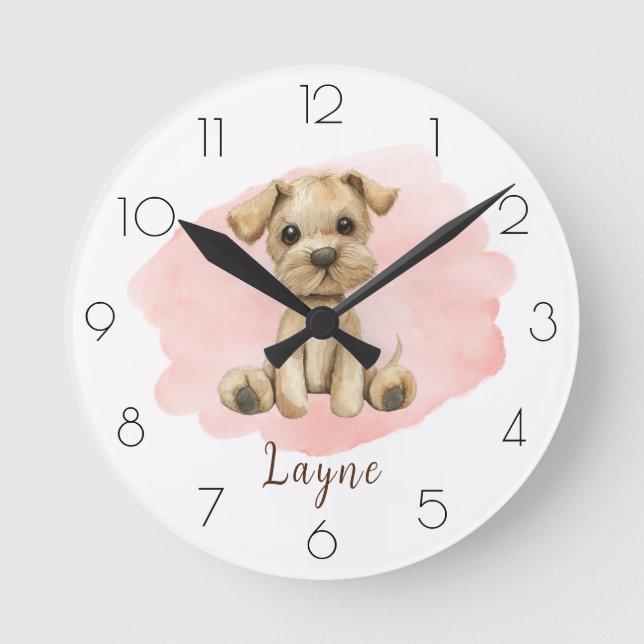 Personalise Watercolor Dog Nursery Girl’s Room Round Clock (Front)