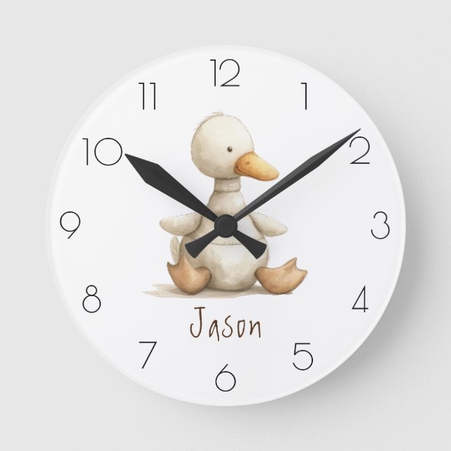 Personalise Watercolor Duck Nursery Child’s Room Round Clock (Front)