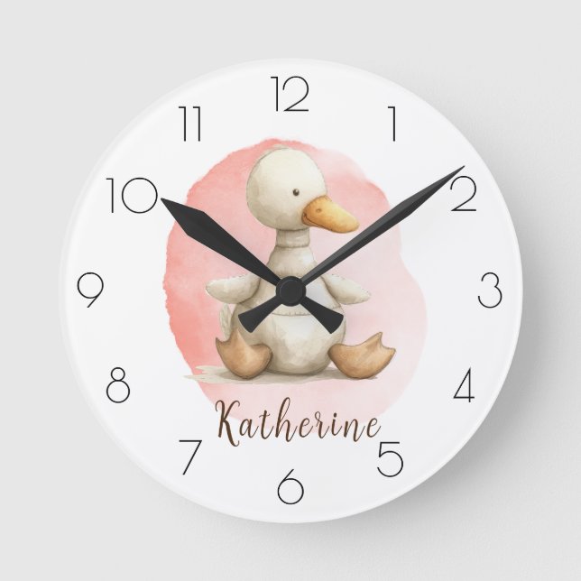 Personalise Watercolor Duck Nursery Girl’s Room Round Clock (Front)