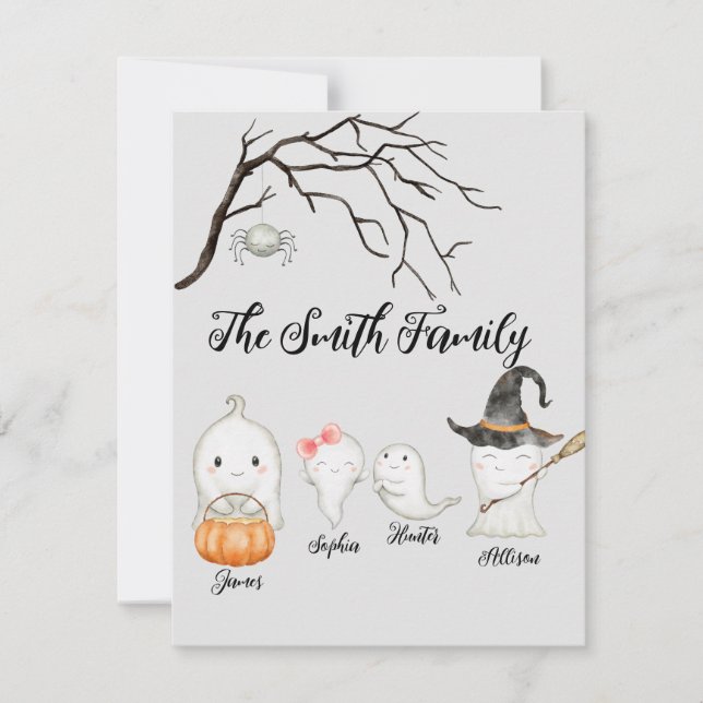 Personalise Watercolor Family Ghost Halloween Card (Front)