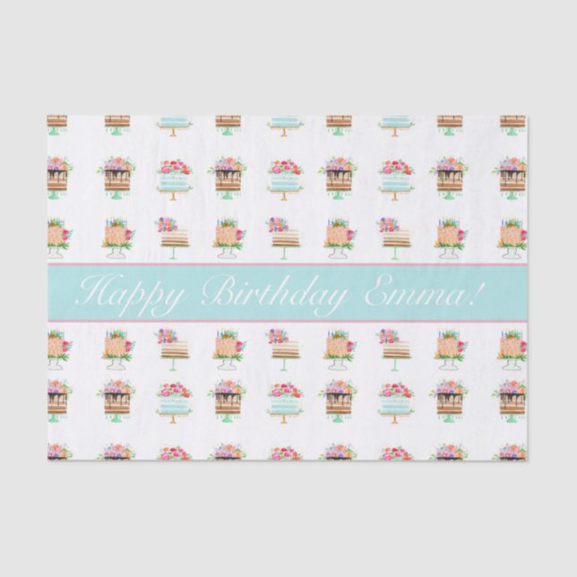 Personalise Watercolor Floral Birthday Cakes Tissue Paper (Front)