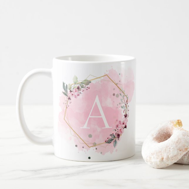 Personalise Watercolor Floral Frame White Initial  Coffee Mug (With Donut)