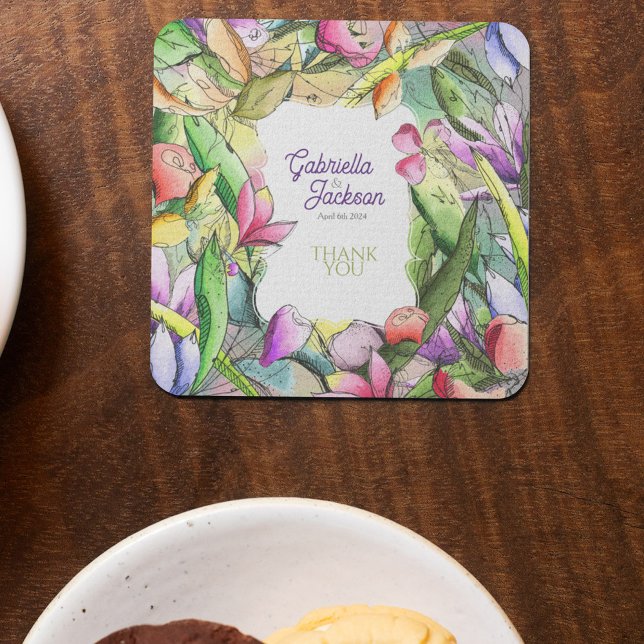 Personalise Watercolor Floral Outlined Coaster (Creator Uploaded)
