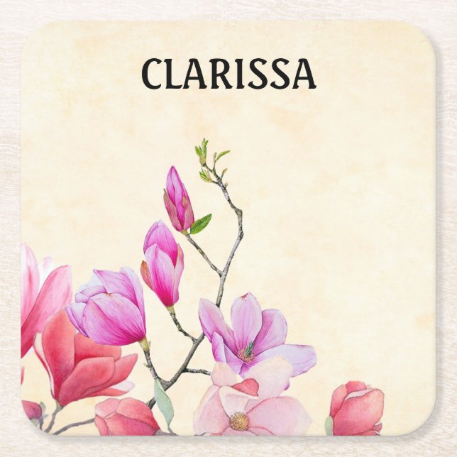 Personalise Watercolor Flower Square Paper Coaster (Front)