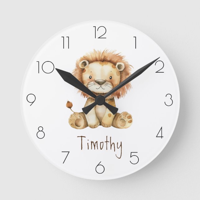 Personalise Watercolor Lion Nursery Child’s Room Round Clock (Front)