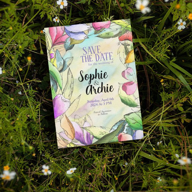 Personalise Watercolor Outlined Flower Save The Date (Creator Uploaded)