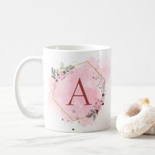 Personalise Watercolor Pink Floral Frame Initial Coffee Mug