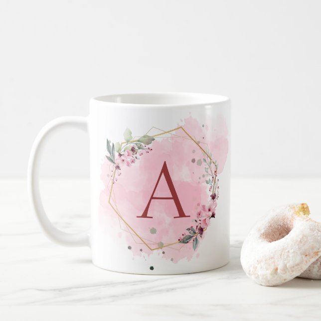 Personalise Watercolor Pink Floral Frame Initial  Coffee Mug (With Donut)
