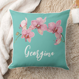 Personalise Watercolor Pink Moth Orchids Flower Cushion