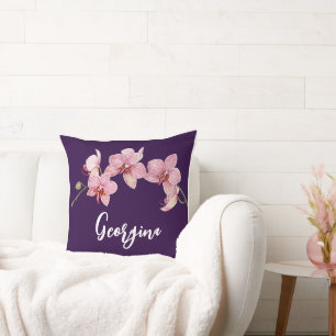 Personalise Watercolor Pink Moth Orchids Flower Cushion