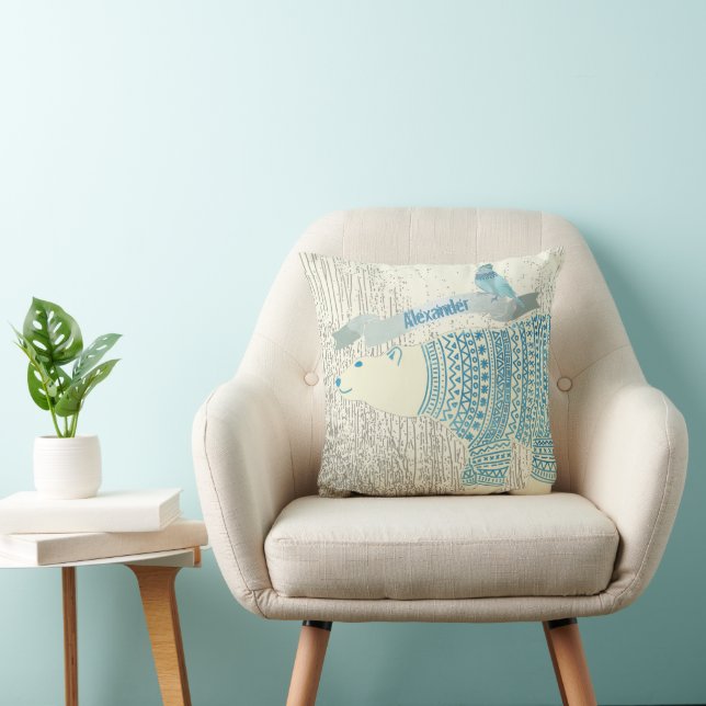 Personalise Watercolor Polar Bear Blue Bird Banner Cushion (Chair)