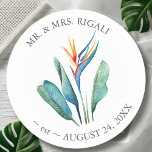 Personalise Wedding Coasters Watercolor Flower<br><div class="desc">Elevate your wedding favours with these personalised wedding coasters, featuring a stunning watercolor bird of paradise flower paired with lush palm leaf foliage in vibrant shades of orange, turquoise, and green. Designed by Victoria Grigaliunas of Do Tell A Belle, these coasters blend elegance and functionality, making them ideal custom wedding...</div>