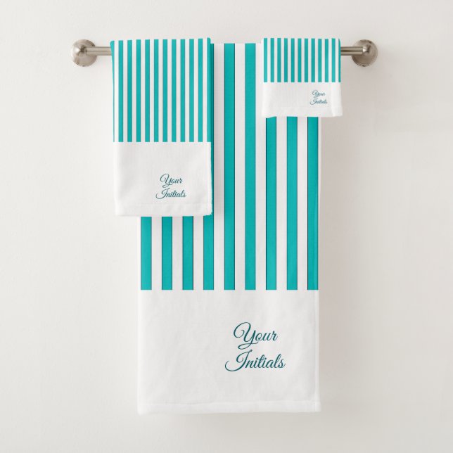 Personalise Wedding Gift Teal Striped       Bath Towel Set (Insitu)
