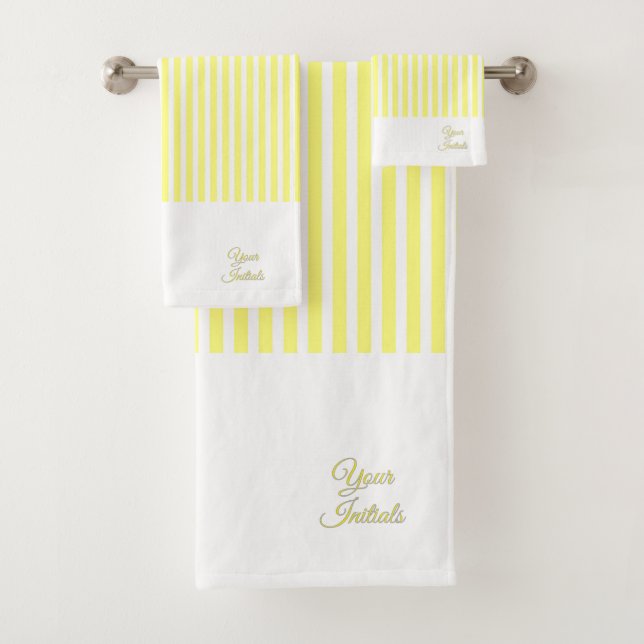 Personalise Wedding Gift Yellow Striped White      Bath Towel Set (Insitu)