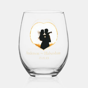 Personalise Wedding Heart Photo Template Name date Stemless Wine Glass