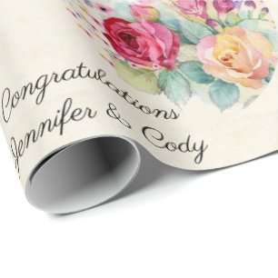 Personalise Wedding Names Pink & Yellow Roses  Wrapping Paper