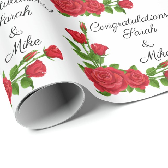 Personalise Wedding Red Roses Personalise Names Wrapping Paper (Roll Corner)