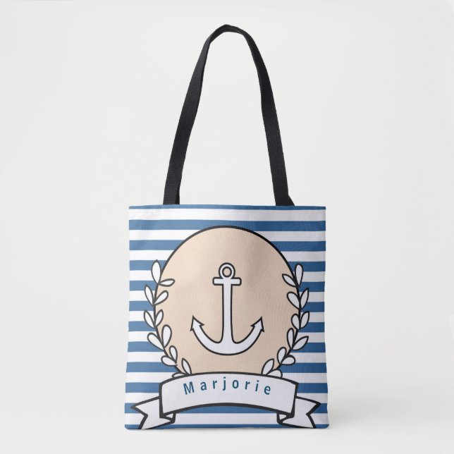Personalise White Blue Horizontal Stripe Anchor Tote Bag (Front)