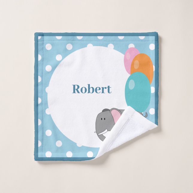 Personalise White Blue Polka Dot Elephant Balloon Wash Cloth (Wash Cloth)