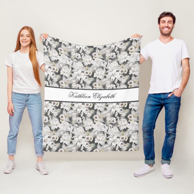 Personalise White Grey Swan Flower Floral Elegant  Fleece Blanket (In Situ)