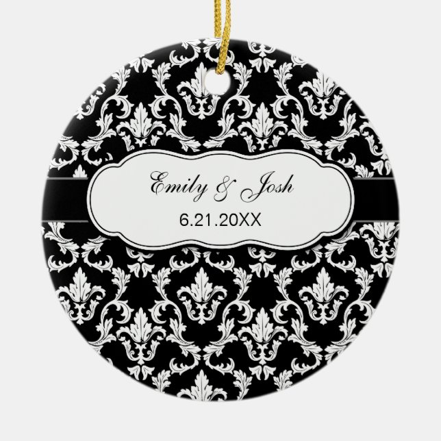 Personalise White on Black Damask Ornament (Front)