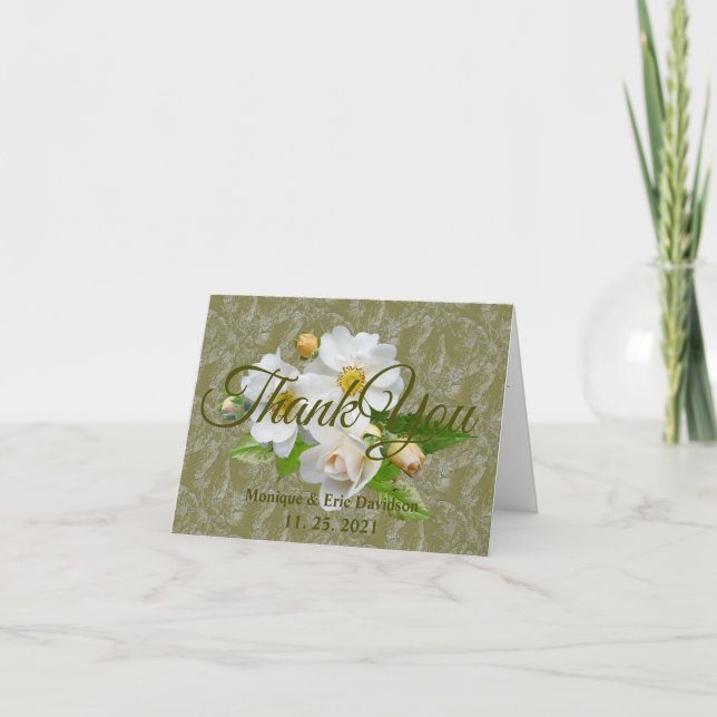 Personalise White Roses Green Foliage Wedding Thank You Card (Front)