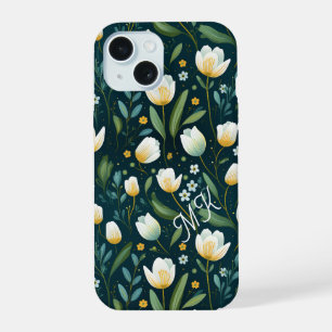 Personalise White Tuplips and Green Floral iPhone 15 Case