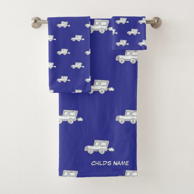 Personalise With Child's Name Funny Car Blue   Bath Towel Set (Insitu)