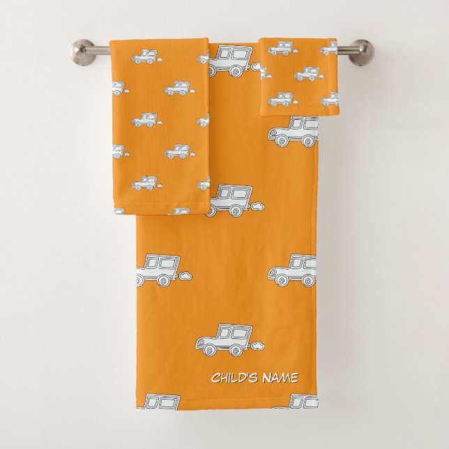 Personalise With Child's Name Funny Car Orange    Bath Towel Set (Insitu)