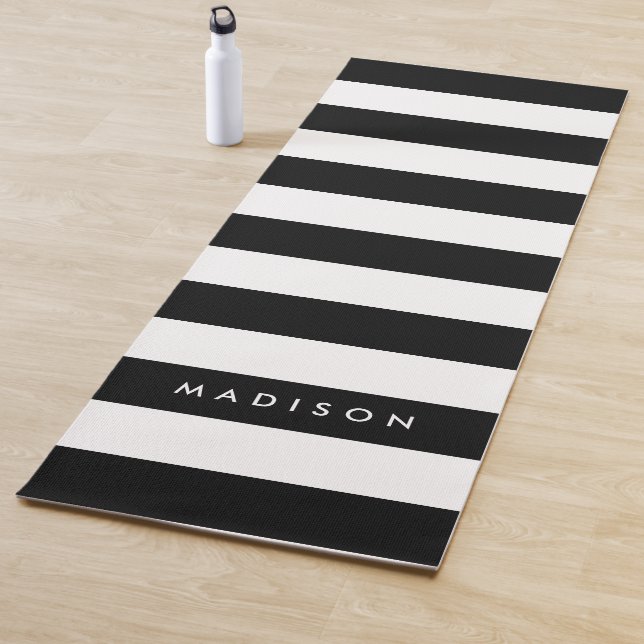 Personalise with Name Chic Black & White Stripes Yoga Mat (In Situ)