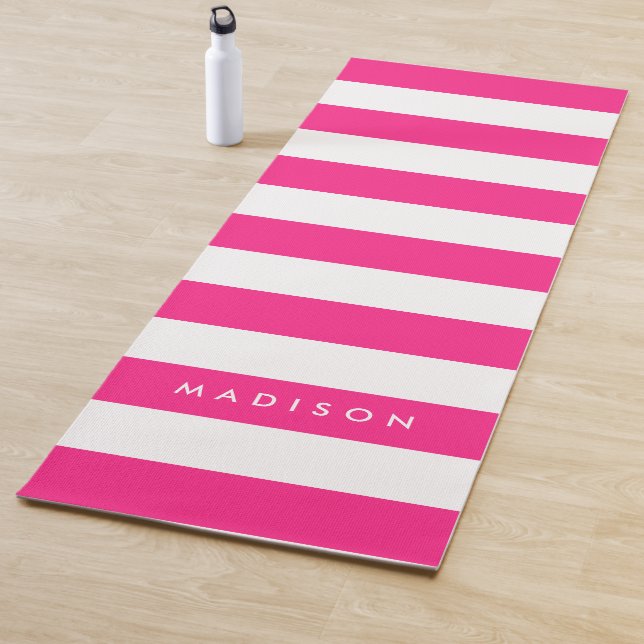 Personalise with Name Chic Pink & White Stripes Yoga Mat (In Situ)