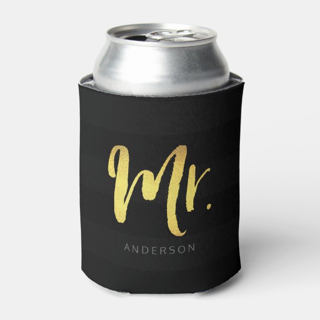 Personalise with Name Faux Gold Mr Black Stripes Can Cooler (Can Front)