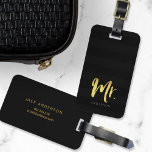 Personalise with Name Faux Gold Mr Black Stripes Luggage Tag<br><div class="desc">Stylish personalised luggage tag featuring the word "Mr" in faux gold foil brush script against a black stripes pattern background. It makes great gifts for newly weds or anniversaries. If you wish to make your name stand out better against the dark background, change the font colour to a lighter colour...</div>