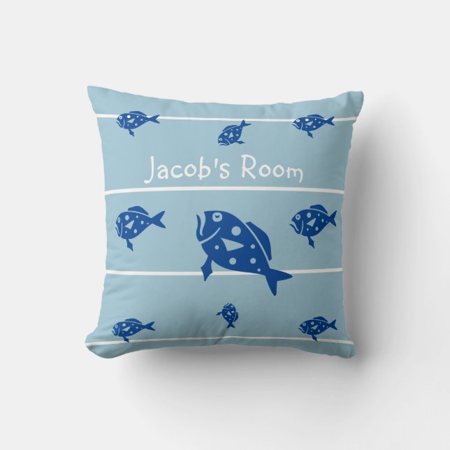 Personalise with name fish pillow blues and white (Front)