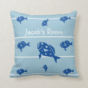 Personalise with name fish pillow blues and white