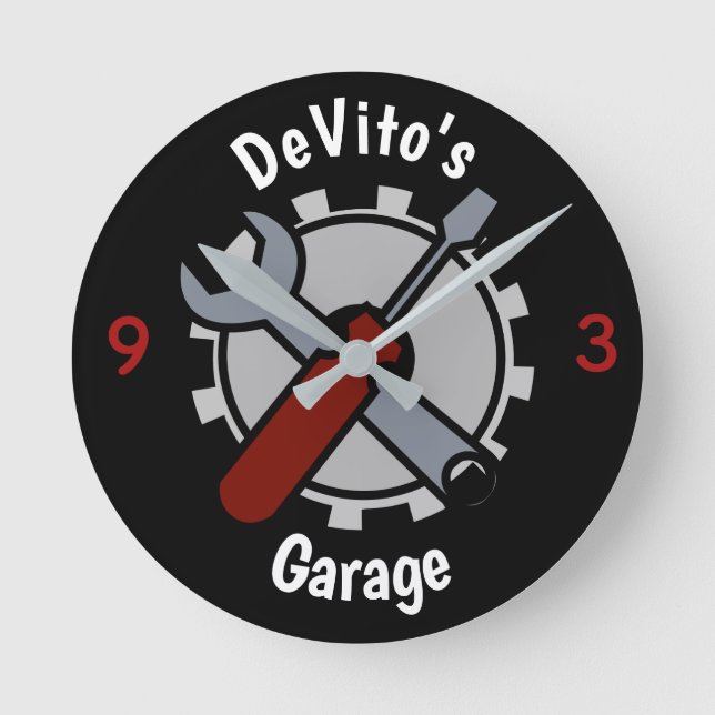 Personalise with Name Gear Head Garage Round Clock (Front)
